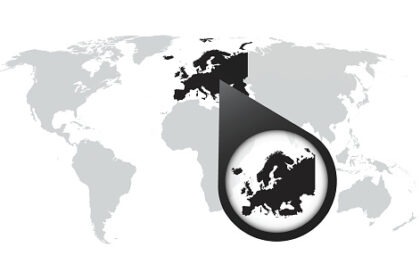 World map with zoom on Europe. Map in loupe. Vector illustration in flat style